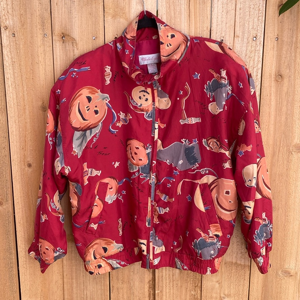 Vintage 90s Halloween Silk Bomber Jacket Small Oversized Jack O Lantern Pumpkin